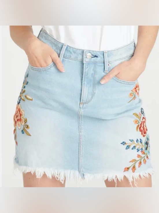 DRIFTWOOD Dresses & Skirts - DRIFTWOOD Light Blue Denim Mini Skirt with Multicolor Floral Embroidery